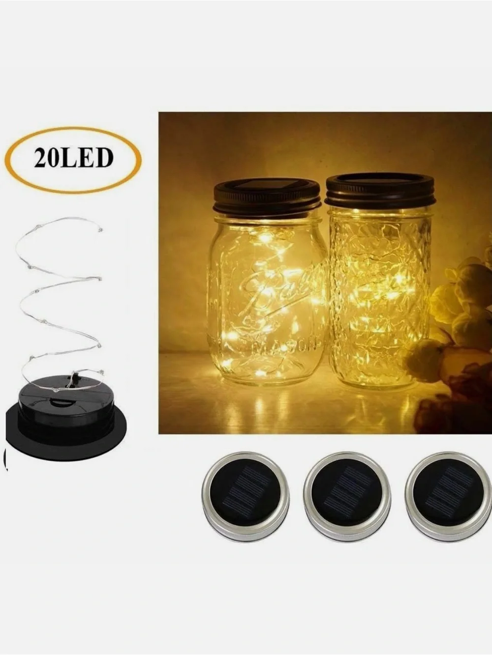 3 Pack Solar Mason Jar Lid Insert LED Mason Jar Solar Light for Glass Mason US